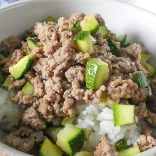 ground turkey and diced zucchini over sticky white rice