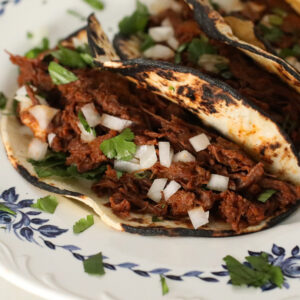 potroast on a corn tortilla with onion and cilantro