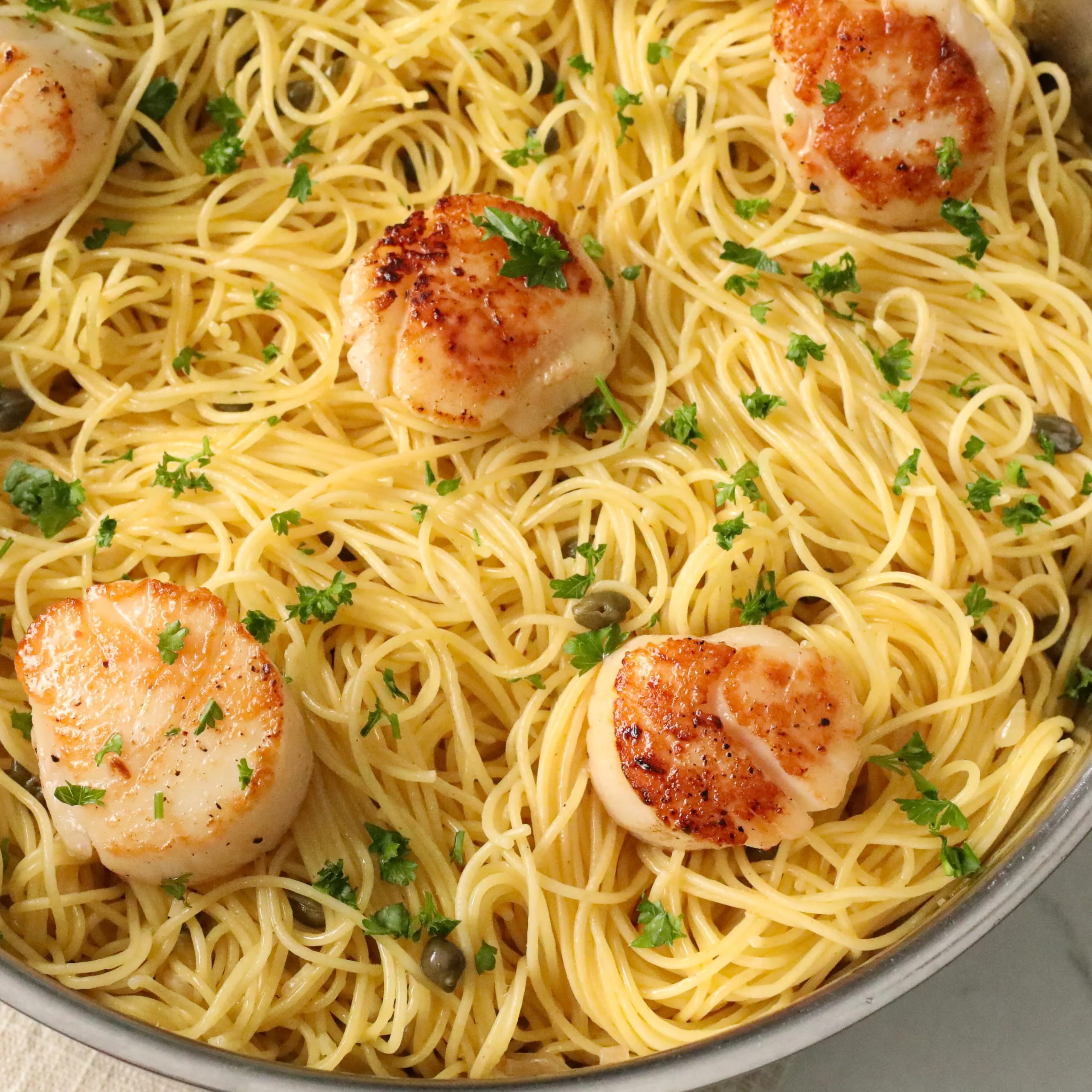 Easy One Pan Lemon Caper Pasta with Caramelized Scallops