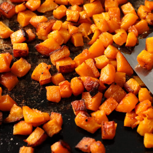 roasted butternut squash on a sheet pan